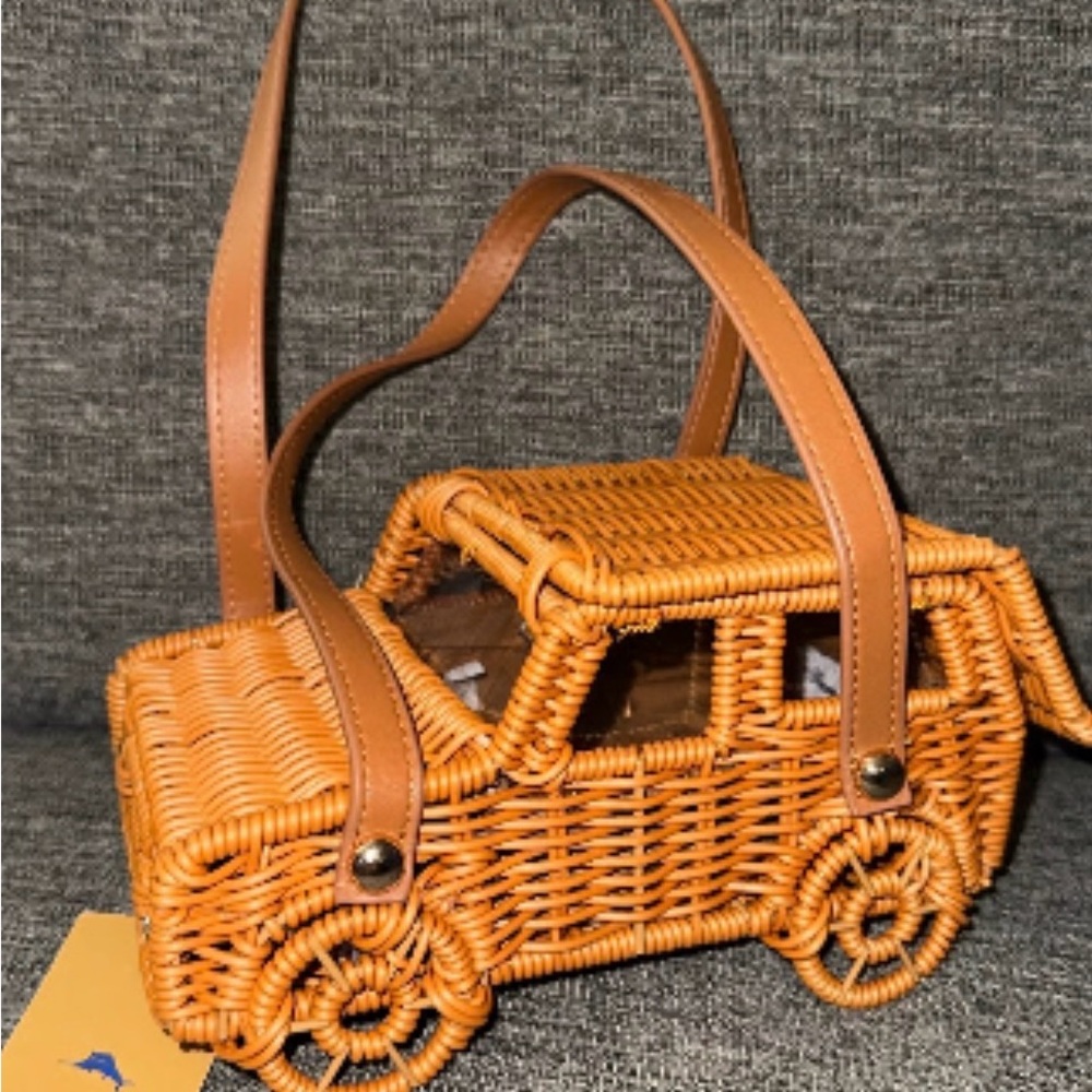 Tommy Bahama Woven Rattan Car Bag in Warm Tan